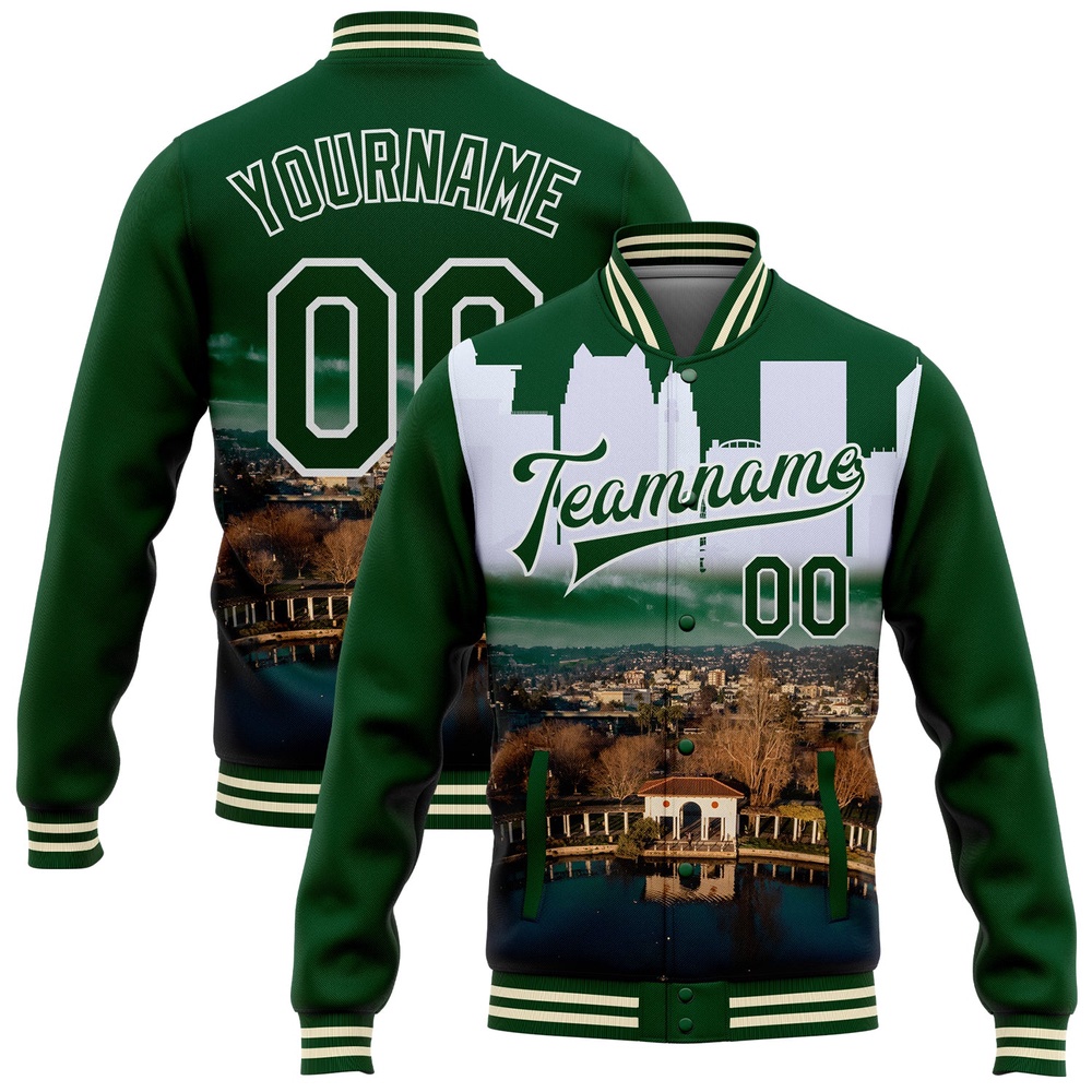 Custom Green White Lake Merritt Oakland California City Edition 3D Bomber Full Snap Baseball Jacket, Custom Team Jacket