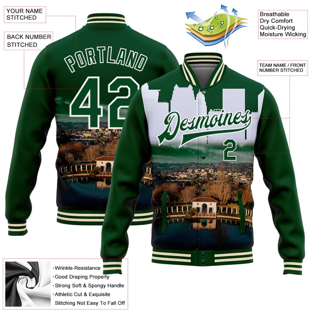Custom Green White Lake Merritt Oakland California City Edition 3D Bomber Full Snap Baseball Jacket, Custom Team Jacket