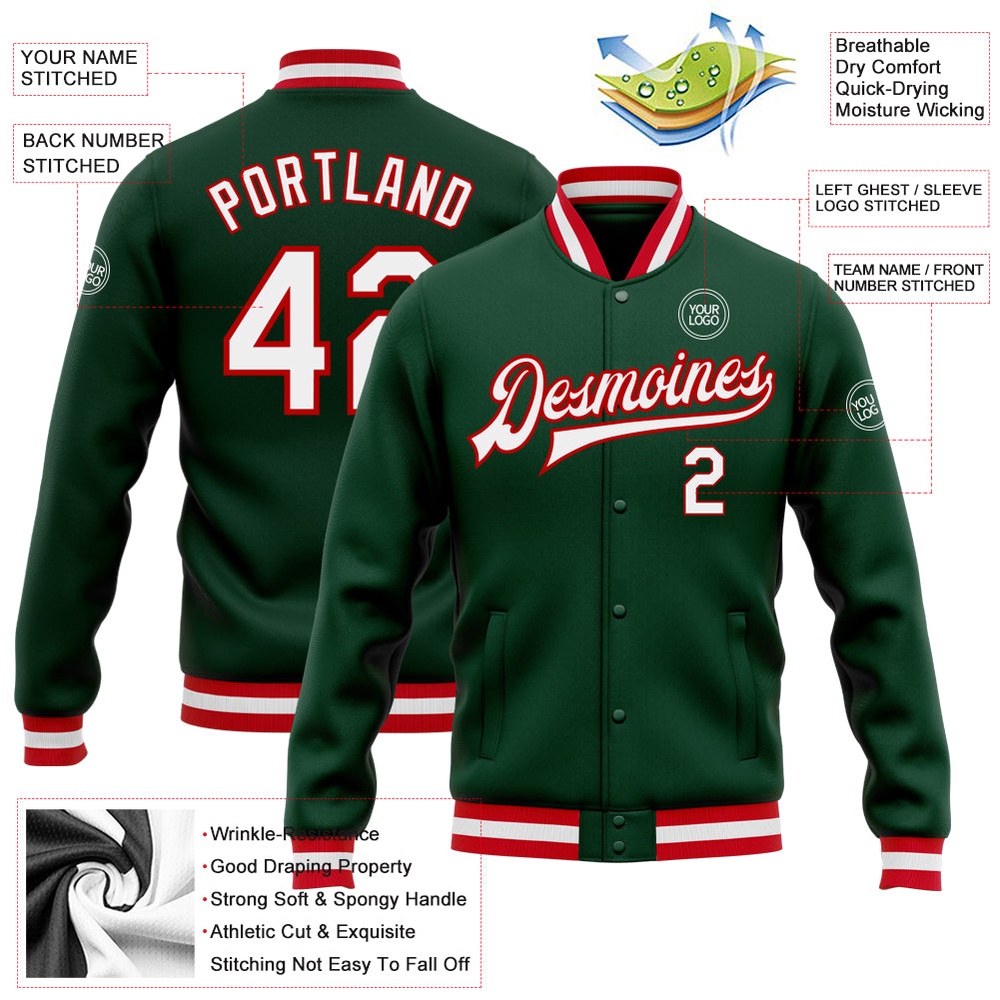 Custom Green White Red Bomber Full Snap Baseball Jacket, Custom Team Jacket