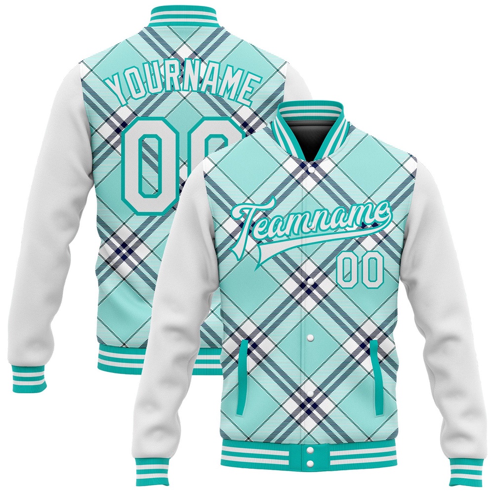 Custom Ice Blue Aqua Navy Check Board 3D Pattern Design Bomber Full Snap Baseball Jacket, Custom Team Jacket