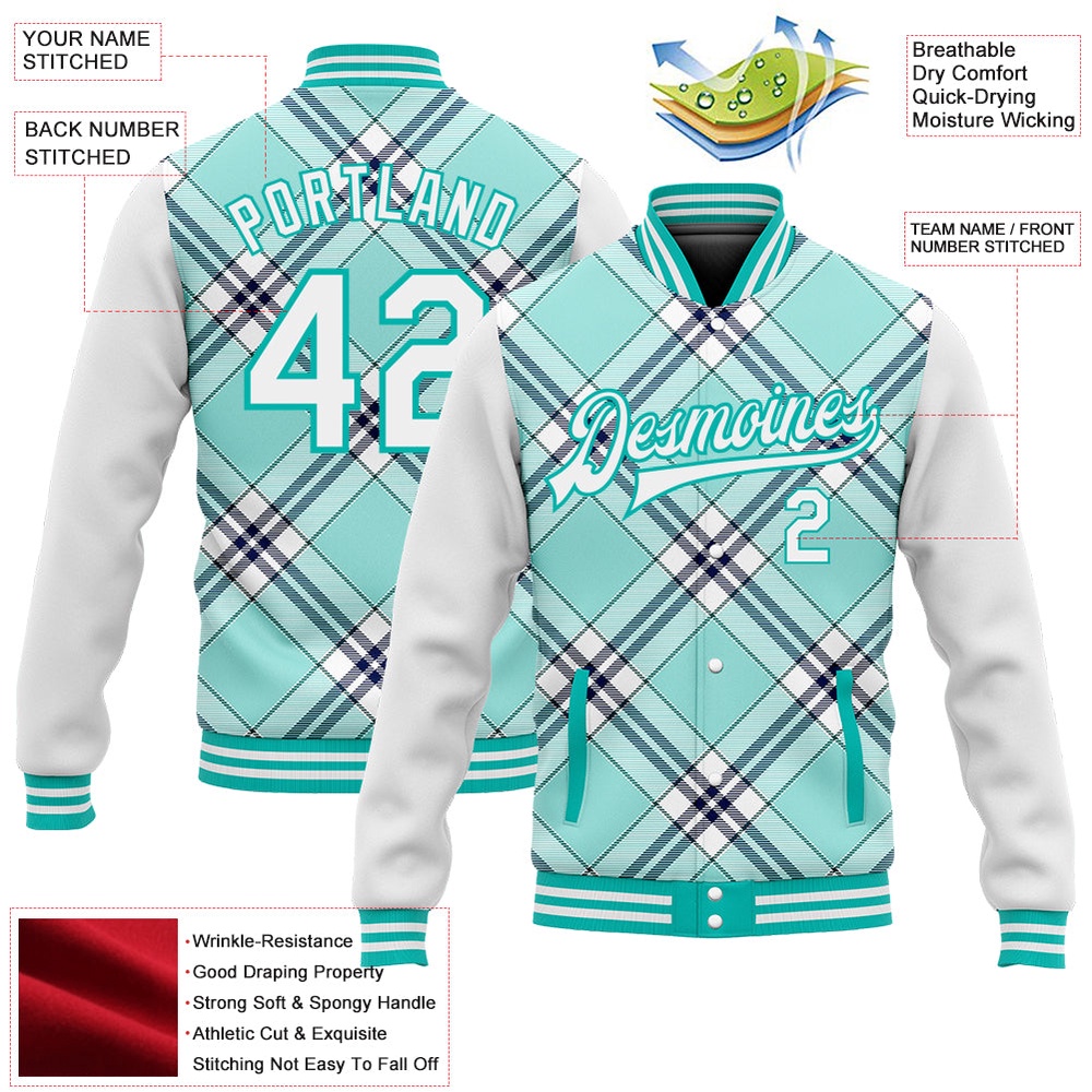 Custom Ice Blue Aqua Navy Check Board 3D Pattern Design Bomber Full Snap Baseball Jacket, Custom Team Jacket