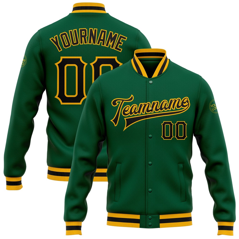 Custom Kelly Green Black Gold Bomber Full Snap Baseball Jacket, Custom Team Jacket