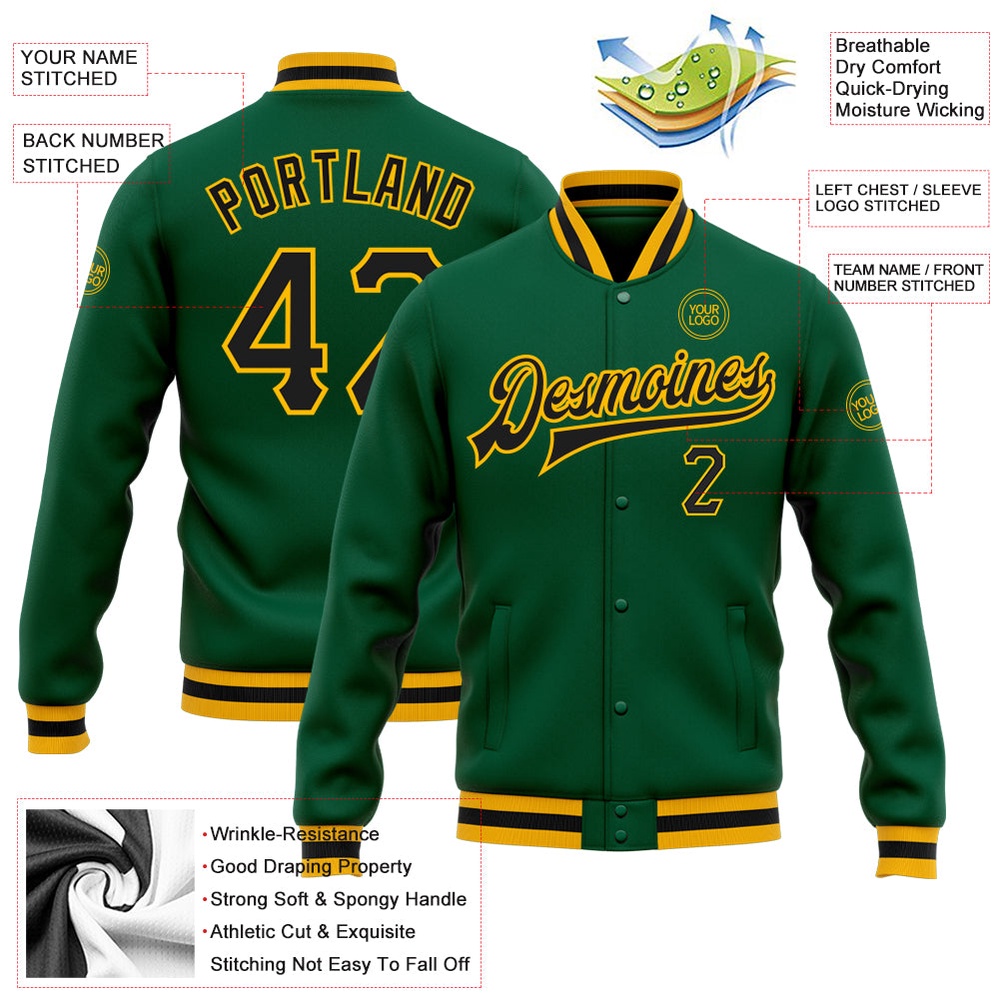 Custom Kelly Green Black Gold Bomber Full Snap Baseball Jacket, Custom Team Jacket