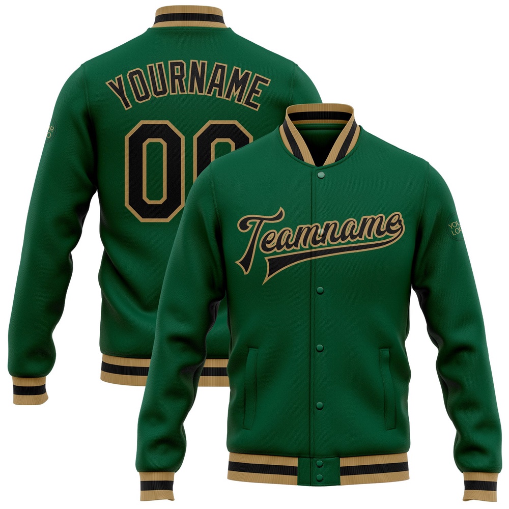 Custom Kelly Green Black Old Gold Bomber Full Snap Baseball Jacket, Custom Team Jacket