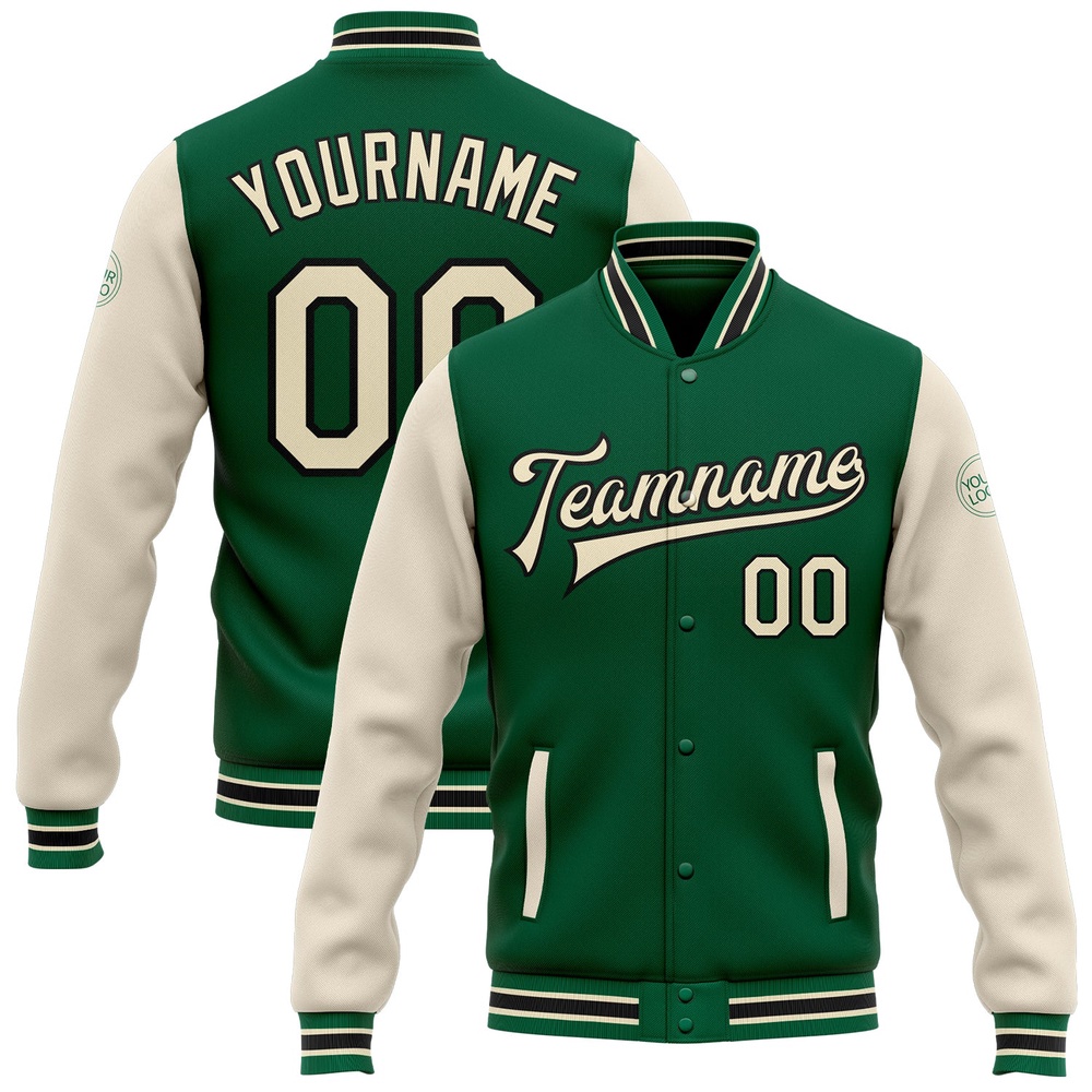 Custom Kelly Green Cream Black Bomber Full Snap Varsity Baseball Jacket, Custom Team Jacket