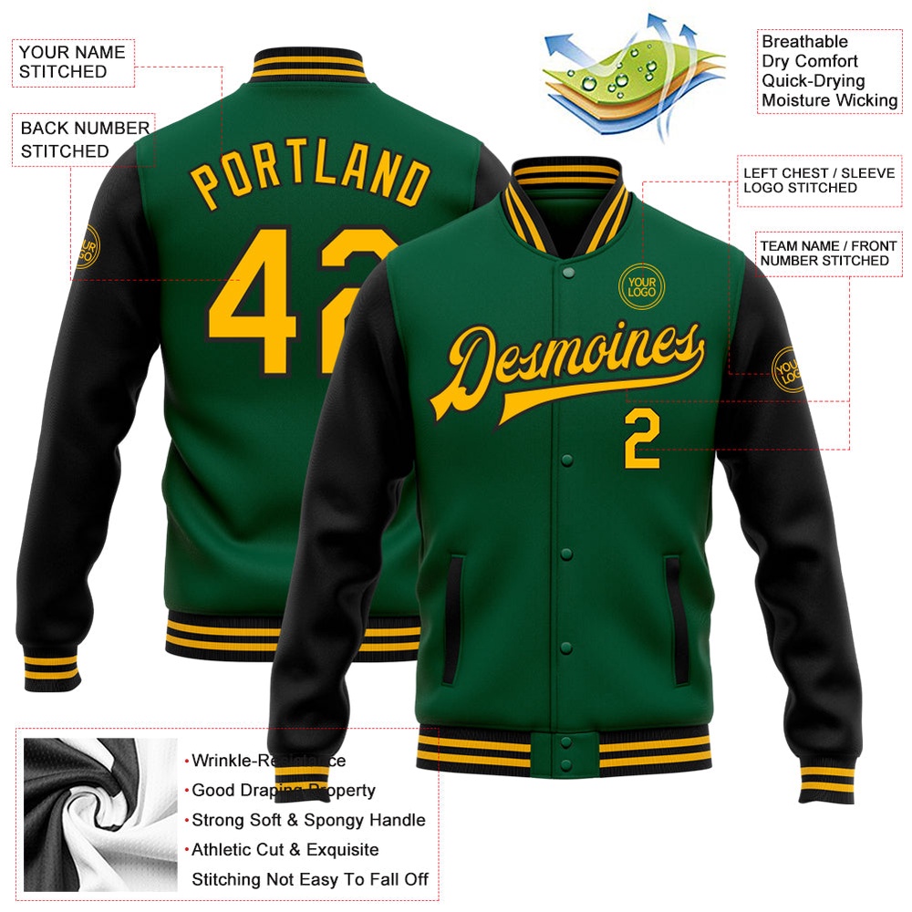 Custom Kelly Green Gold Black Bomber Full Snap Varsity Baseball Jacket, Custom Team Jacket