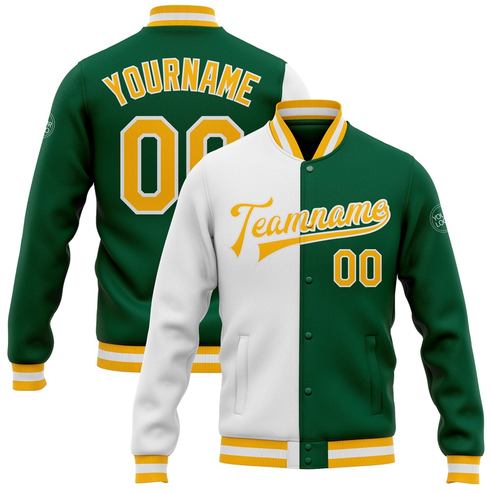 Custom Kelly Green Gold White Bomber Full Snap Varsity Letterman Split Fashion Jacket, Custom Team Jacket