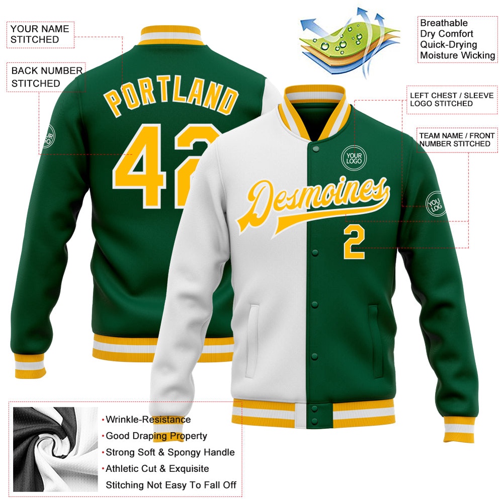 Custom Kelly Green Gold White Bomber Full Snap Varsity Letterman Split Fashion Jacket, Custom Team Jacket