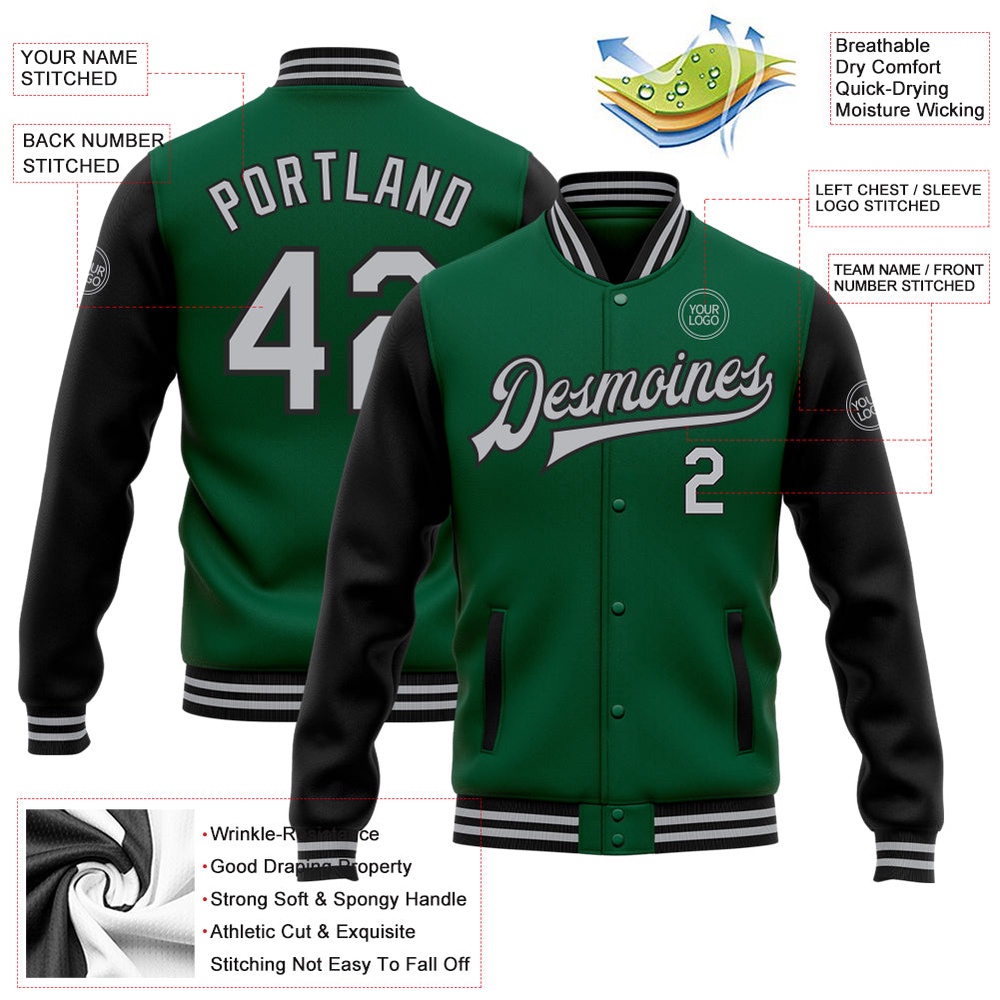Custom Kelly Green Gray Black Bomber Full Snap Varsity Baseball Jacket, Custom Team Jacket