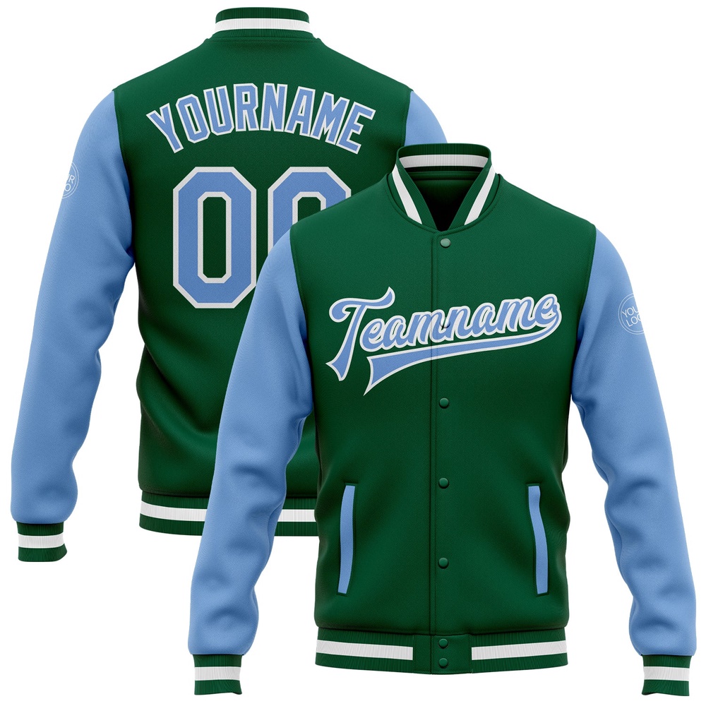 Custom Kelly Green Light Blue White Bomber Full Snap Varsity Baseball Jacket, Custom Team Jacket