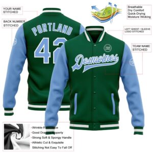 Custom Kelly Green Light Blue White Bomber Full Snap Varsity Baseball Jacket Custom Team Jacket 2 crrs98.jpg