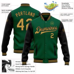 Custom Kelly Green Old Gold Black Bomber Full Snap Varsity Baseball Jacket Custom Team Jacket 2 jtwddl.jpg