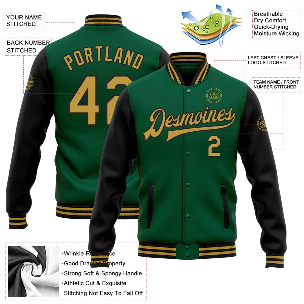 Custom Kelly Green Old Gold Black Bomber Full Snap Varsity Baseball Jacket, Custom Team Jacket
