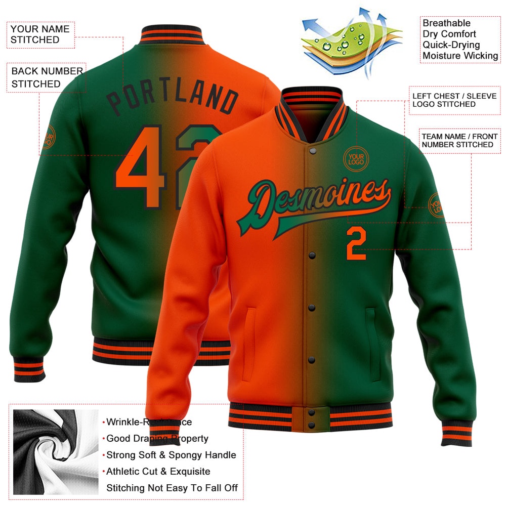 Custom Kelly Green Orange Black Bomber Full Snap Varsity Letterman Gradient Fashion Jacket, Custom Team Jacket