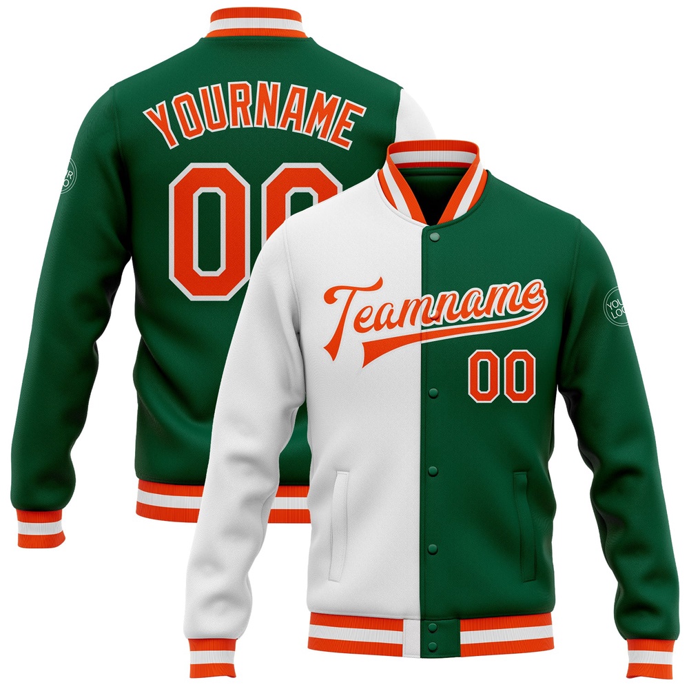 Custom Kelly Green Orange White Bomber Full Snap Varsity Letterman Split Fashion Jacket, Custom Team Jacket