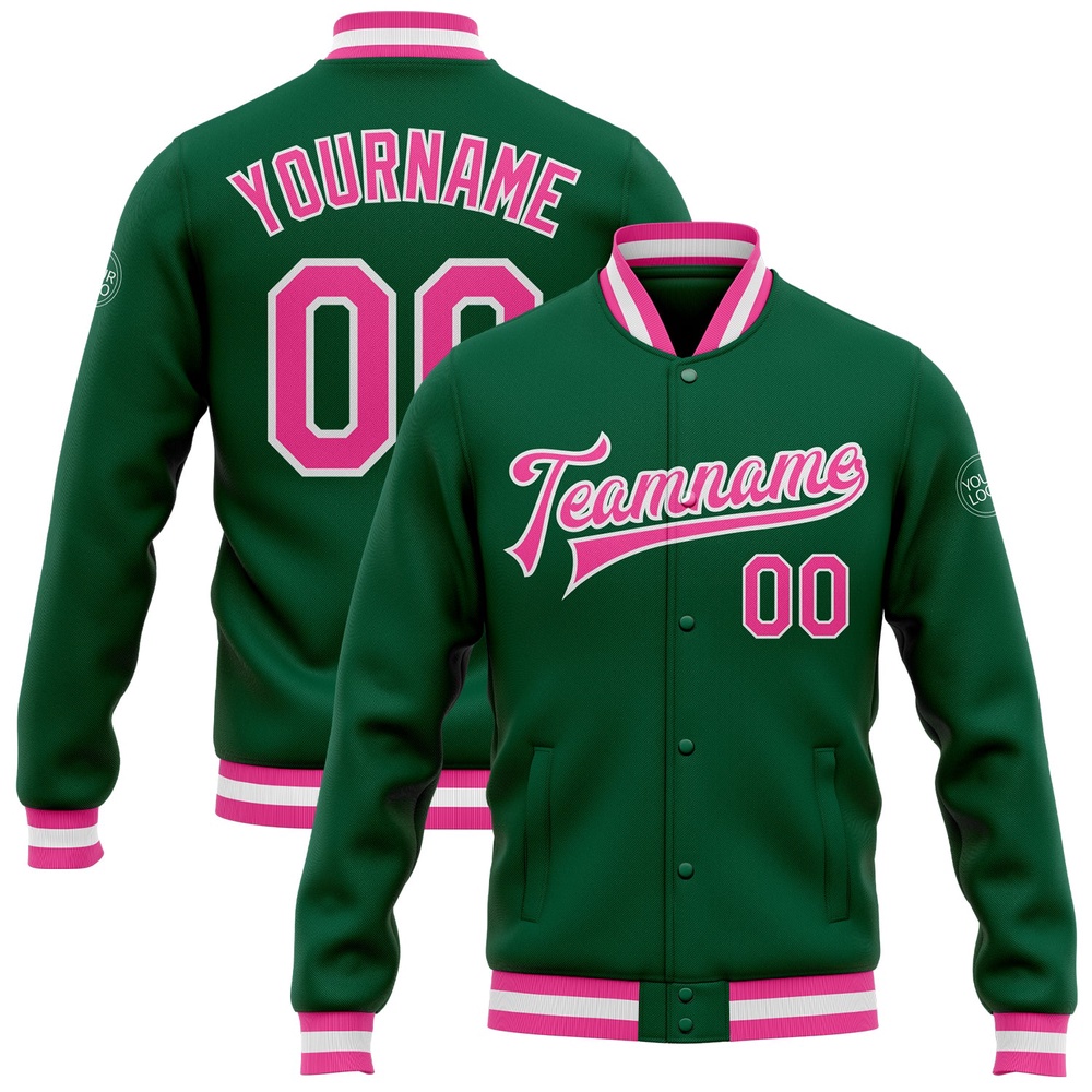 Custom Kelly Green Pink White Bomber Full Snap Baseball Jacket, Custom Team Jacket