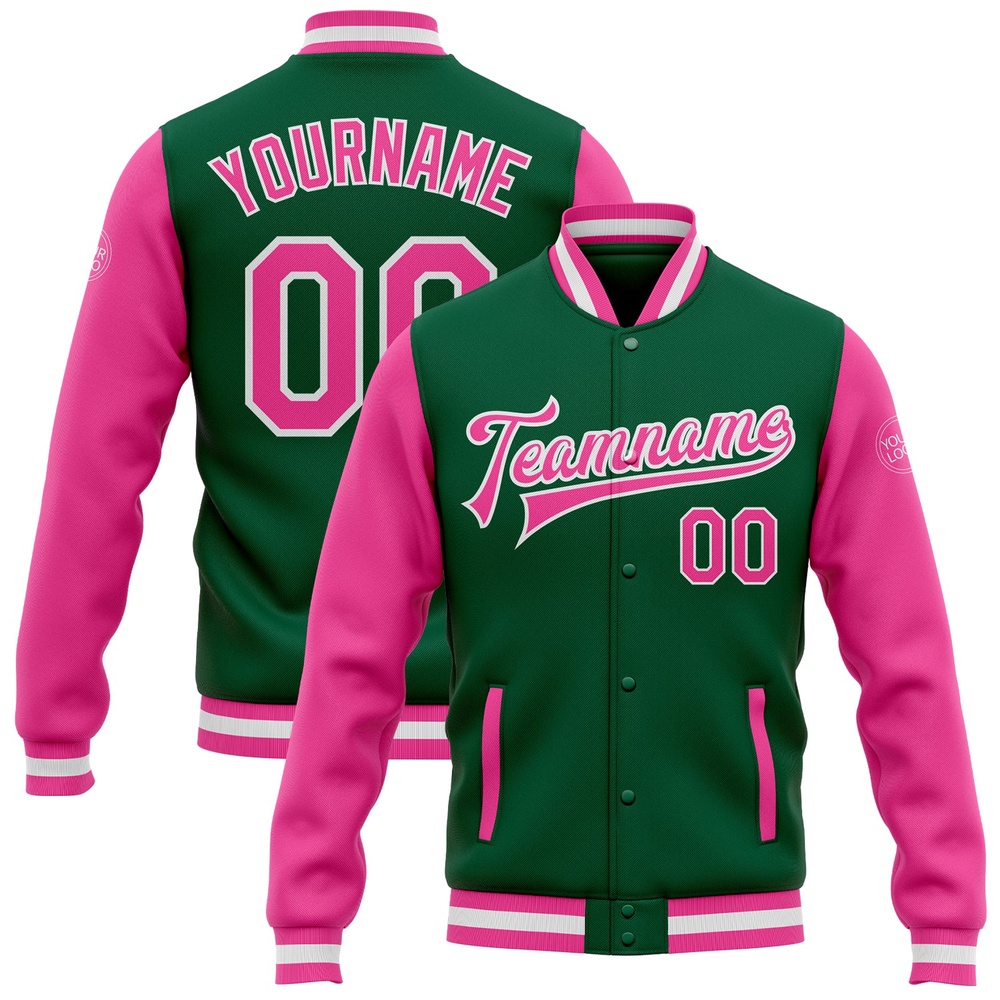 Custom Kelly Green Pink White Bomber Full Snap Varsity Baseball Jacket, Custom Team Jacket