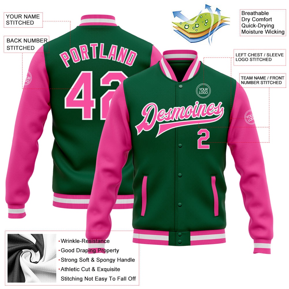 Custom Kelly Green Pink White Bomber Full Snap Varsity Baseball Jacket, Custom Team Jacket