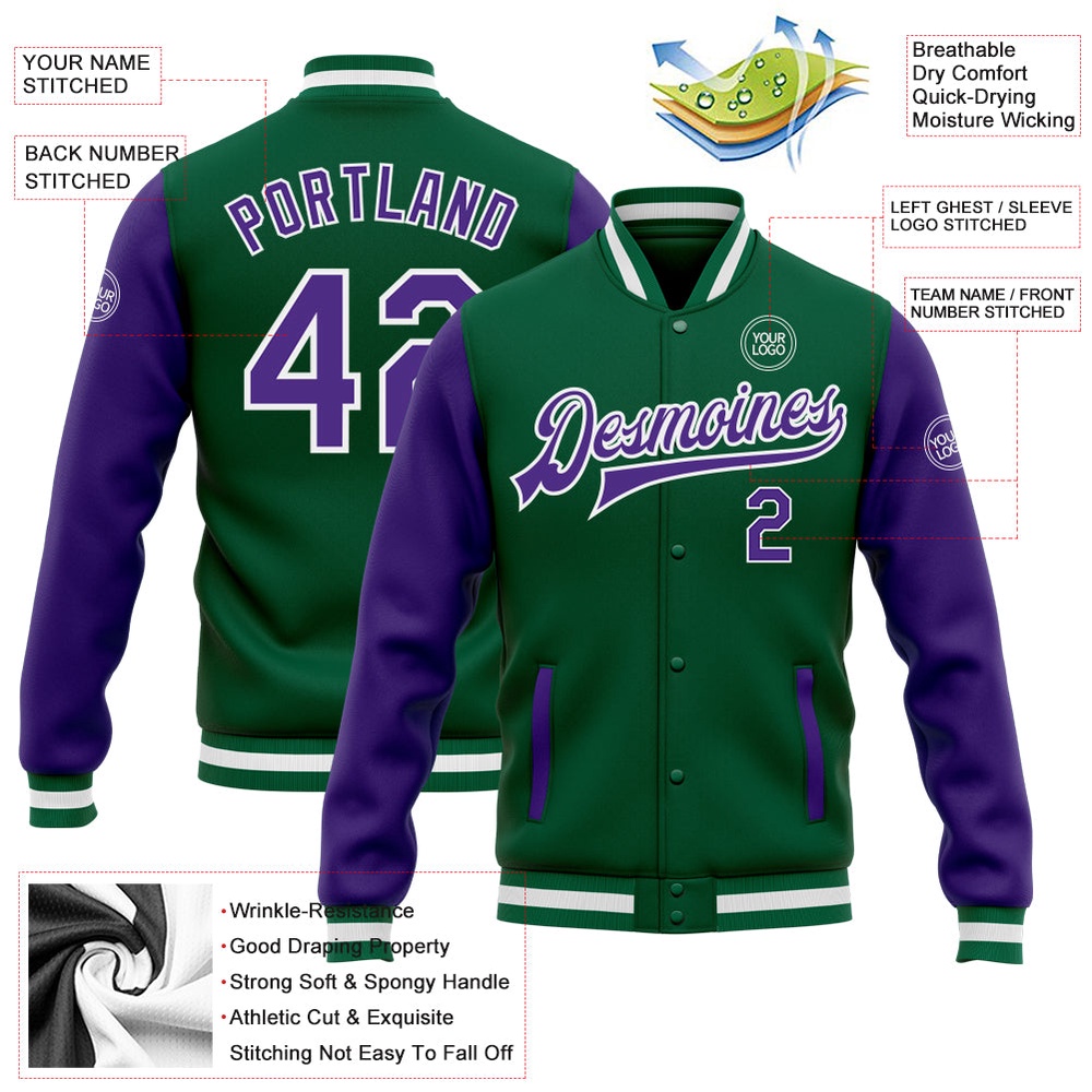 Custom Kelly Green Purple White Bomber Full Snap Varsity Baseball Jacket, Custom Team Jacket