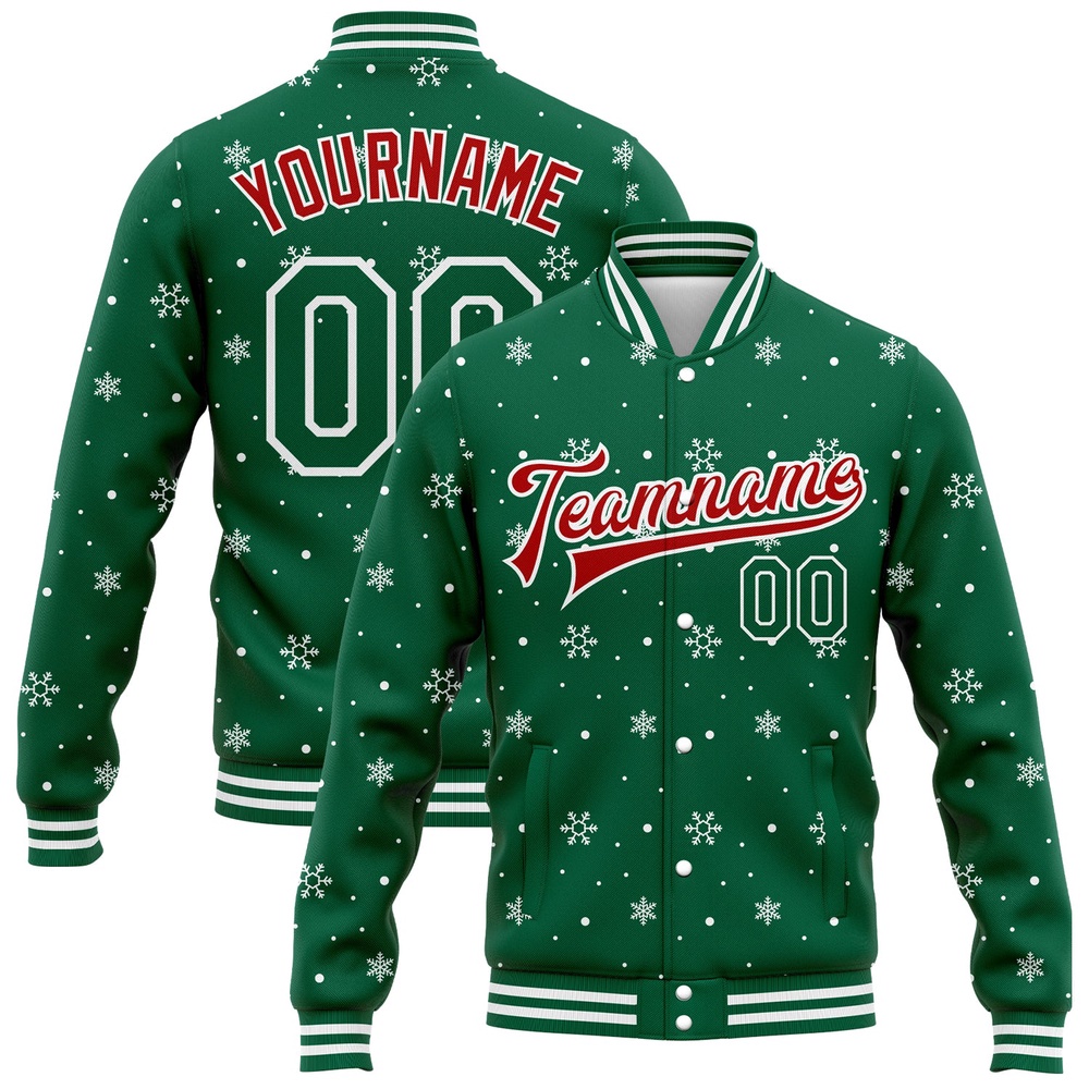 Custom Kelly Green Red White Christmas 3D Bomber Full Snap Baseball Jacket, Custom Team Jacket