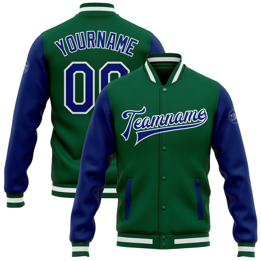 Custom Kelly Green Royal White Bomber Full Snap Varsity Baseball Jacket, Custom Team Jacket