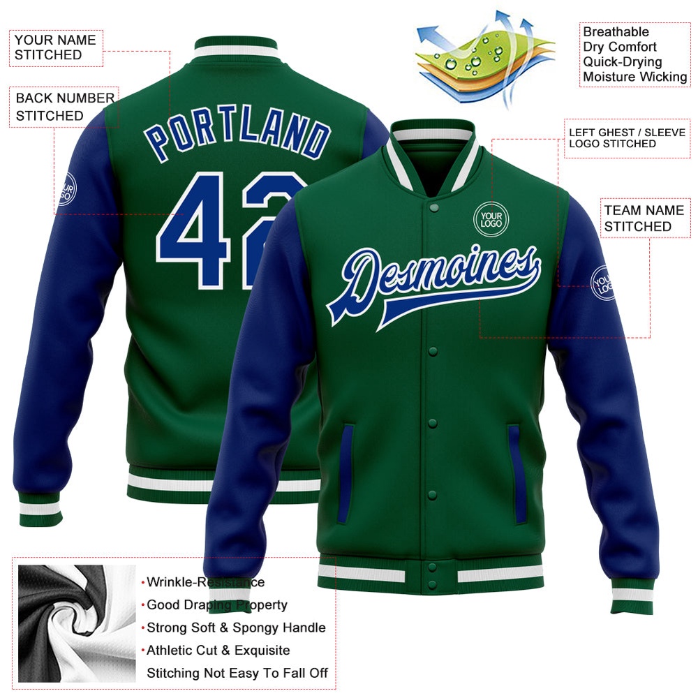 Custom Kelly Green Royal White Bomber Full Snap Varsity Baseball Jacket, Custom Team Jacket