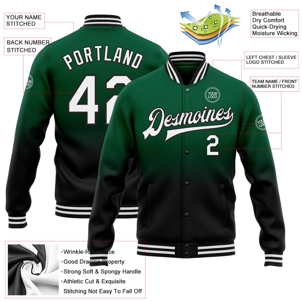 Custom Kelly Green White Black Bomber Full Snap Baseball Jacket, Custom Team Jacket