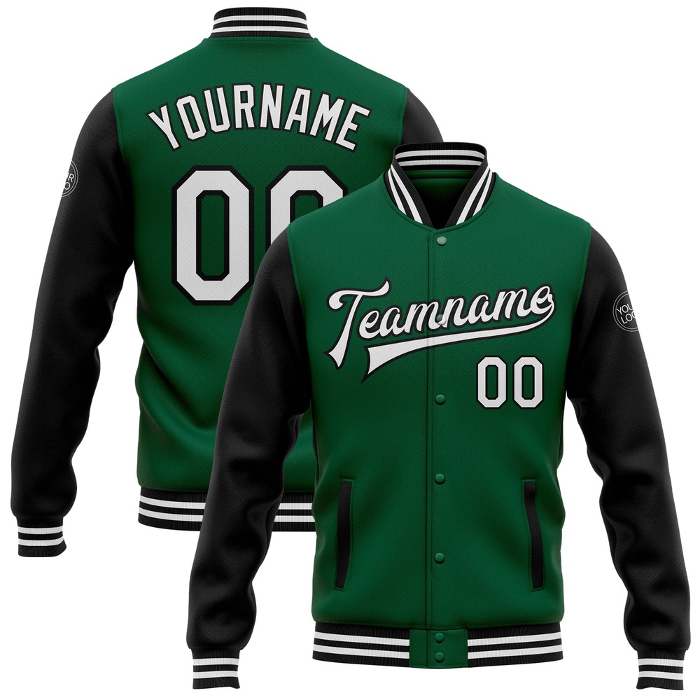 Custom Kelly Green White Black Bomber Full Snap Varsity Baseball Jacket, Custom Team Jacket