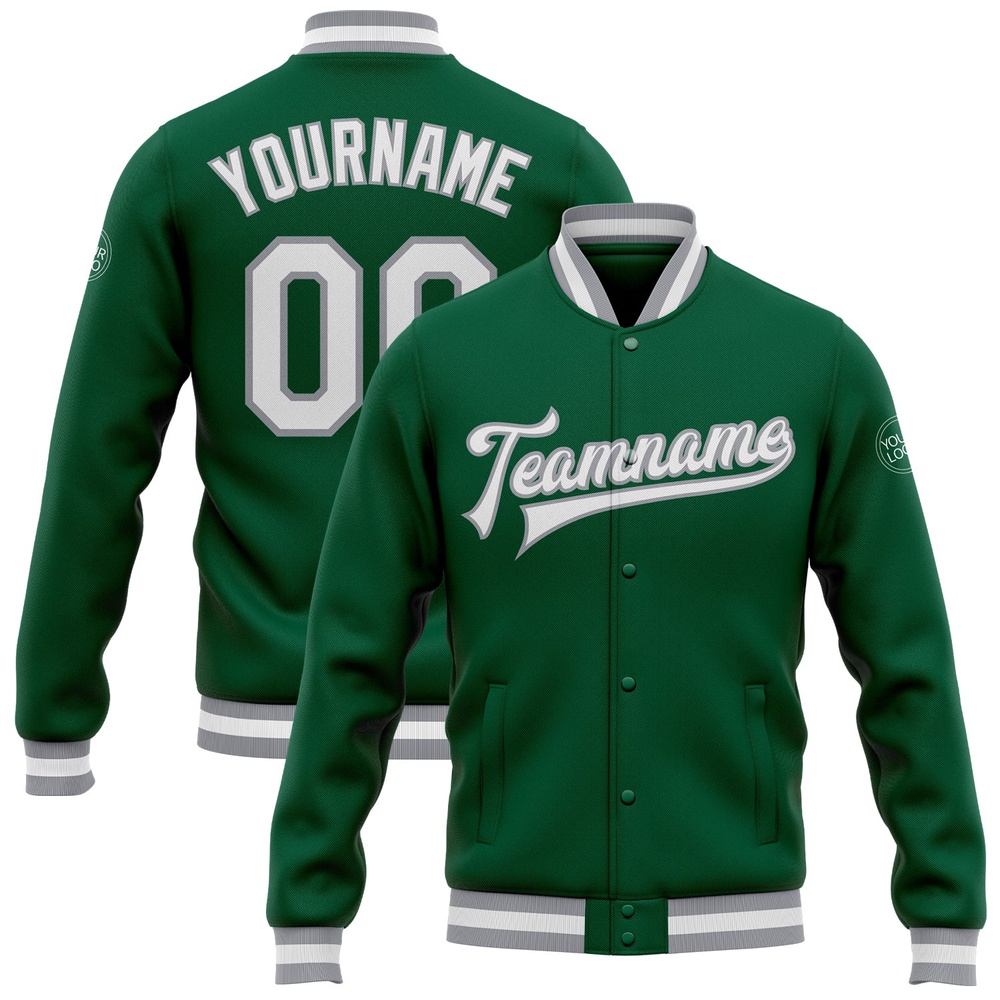 Custom Kelly Green White Gray Bomber Full Snap Baseball Jacket, Custom Team Jacket
