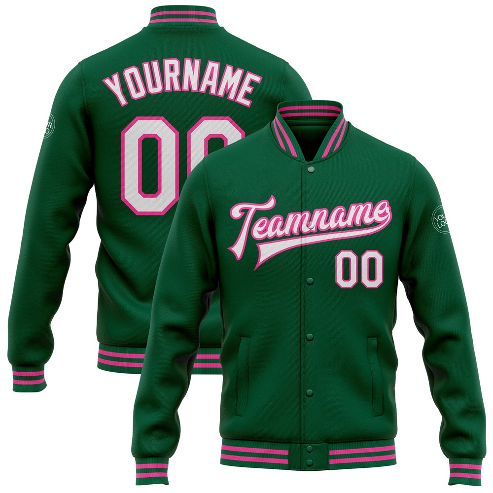 Custom Kelly Green White Pink Bomber Full Snap Baseball Jacket, Custom Team Jacket