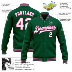 Custom Kelly Green White Pink Bomber Full Snap Baseball Jacket Custom Team Jacket 2 difwjv.jpg