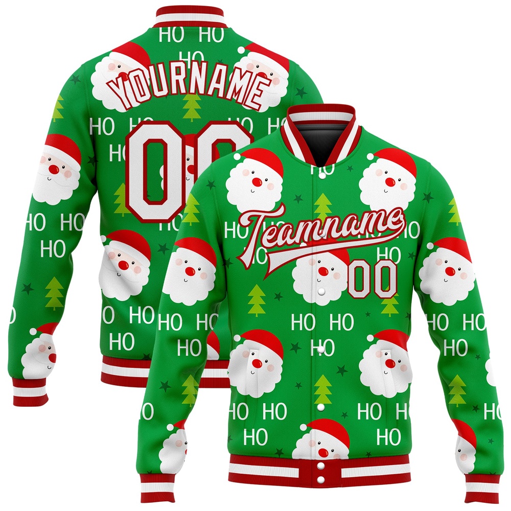 Custom Kelly Green White Red Christmas 3D Bomber Full Snap Baseball Jacket, Custom Team Jacket