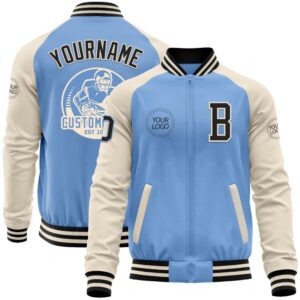Custom Light Blue Black Cream Bomber Varsity&hellip;