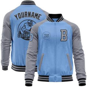 Custom Light Blue Black Gray Bomber Varsity&hellip;