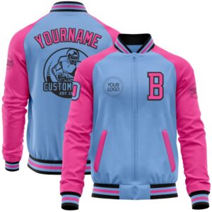 Custom Light Blue Black Pink Bomber Varsity&hellip;