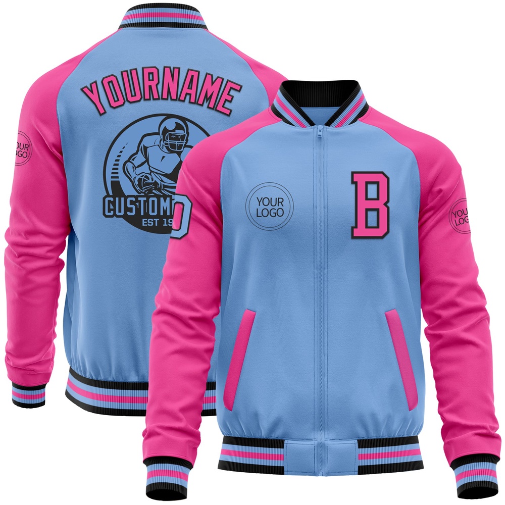 Custom Light Blue Black Pink Bomber Varsity Baseball Jacket, Custom Team Jacket