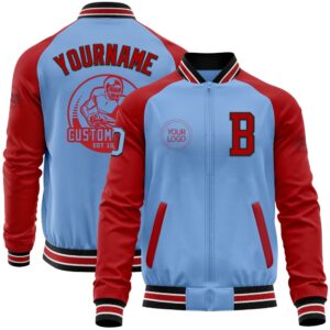 Custom Light Blue Black Red Bomber Varsity&hellip;