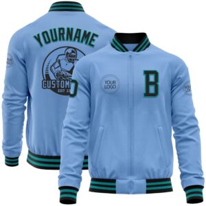 Custom Light Blue Black Teal Bomber Varsity&hellip;