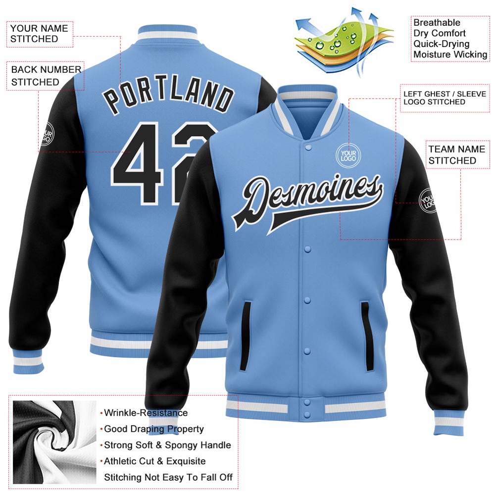 Custom Light Blue Black White Bomber Full Snap Varsity Baseball Jacket, Custom Team Jacket