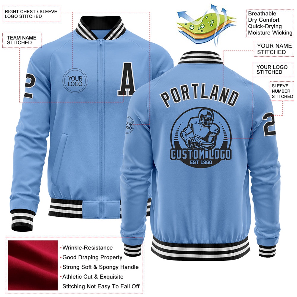 Custom Light Blue Black White Bomber Varsity Letterman Zipper Jacket, Custom Team Jacket