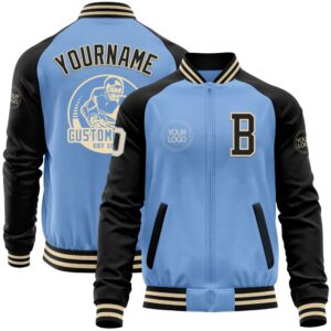 Custom Light Blue Cream Black Bomber Varsity&hellip;