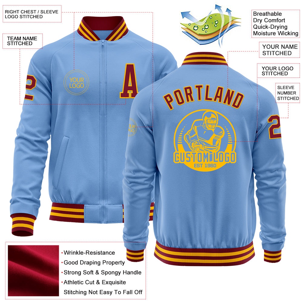 Custom Light Blue Crimson Gold Bomber Varsity Baseball Jacket, Custom Team Jacket