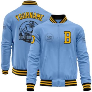 Custom Light Blue Gold Black Bomber Varsity&hellip;
