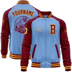 Custom Light Blue Gold Crimson Bomber Varsity&hellip;