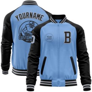 Custom Light Blue Gray Black Bomber Varsity&hellip;