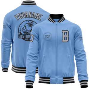 Custom Light Blue Gray Black Bomber Varsity&hellip;