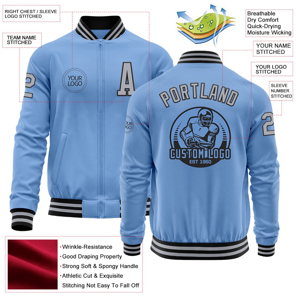 Custom Light Blue Gray Black Bomber Varsity Letterman Zipper Jacket, Custom Team Jacket