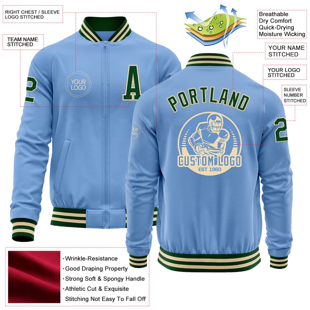 Custom Light Blue Green Cream Bomber Varsity Letterman Zipper Jacket, Custom Team Jacket