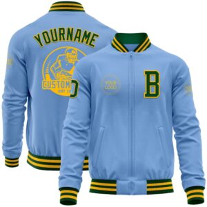 Custom Light Blue Green Gold Bomber Varsity&hellip;