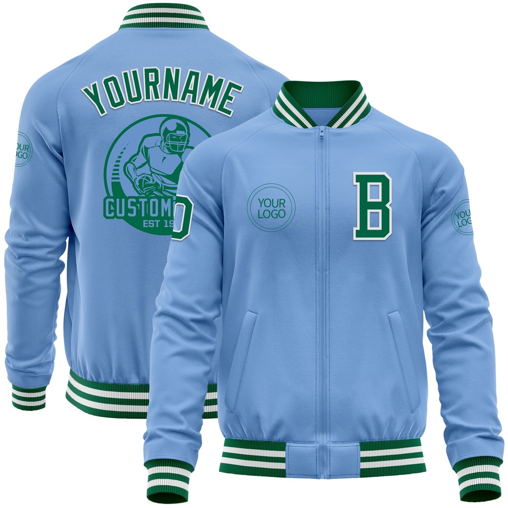 Custom Light Blue Kelly Green White Bomber Varsity Baseball Jacket, Custom Team Jacket